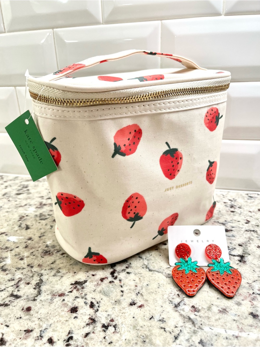 Kate Spade Strawberry Lunch Bag & Unbranded Strawberry Earrings Set NWT